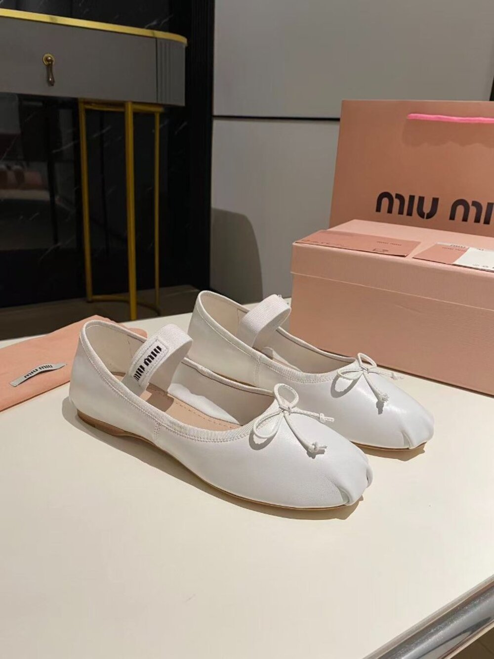 Miu Miu Cream Ballet Flats with Bow - Picture 5 of 8